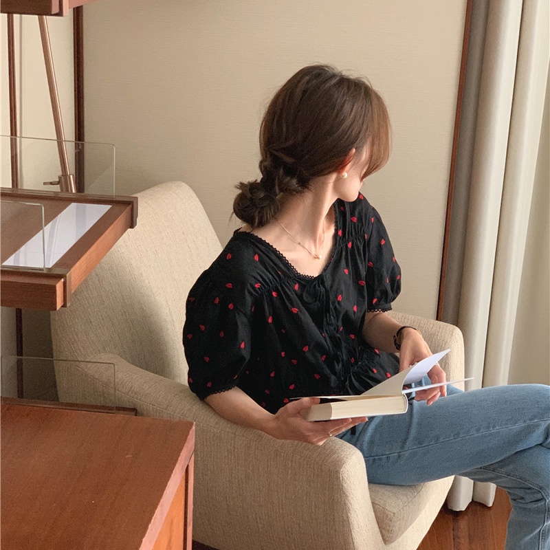 SUXI Áo Sơ Mi Cotton Ngắn Tay Thắt Dây Thêu Họa Tiết Chấm Bi Phong Cách Hàn Quốc