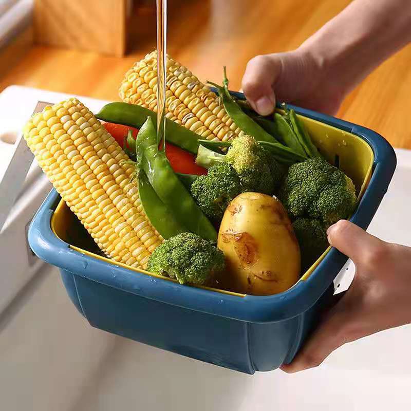 Rổ Vuông Bằng Nhựa Hai Lớp Ráo Nước Kèm Nắp Đậy Đa Ứng Dụng Cho Nhà Bếp