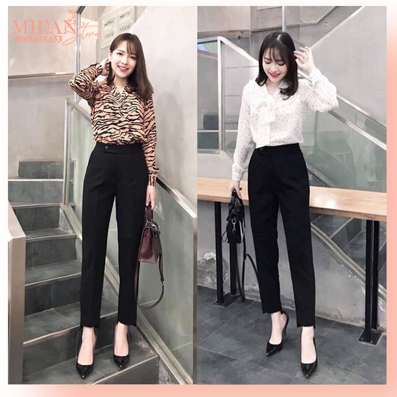 Quần tây công sở gấu lệch cúc khuy lệch màu đen - Cạp lưng cao ống đứng dáng dài - Vải Vitex dày mềm mặc đi làm học đẹp
