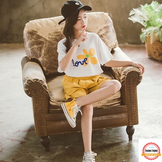 Set bộ quần áo trẻ em mùa hè cho bé gái THANH THỊNH 18-45kg mẫu "LOVE HOA Vàng".Thiết kế đẹp, đường may kỹ. MA29.