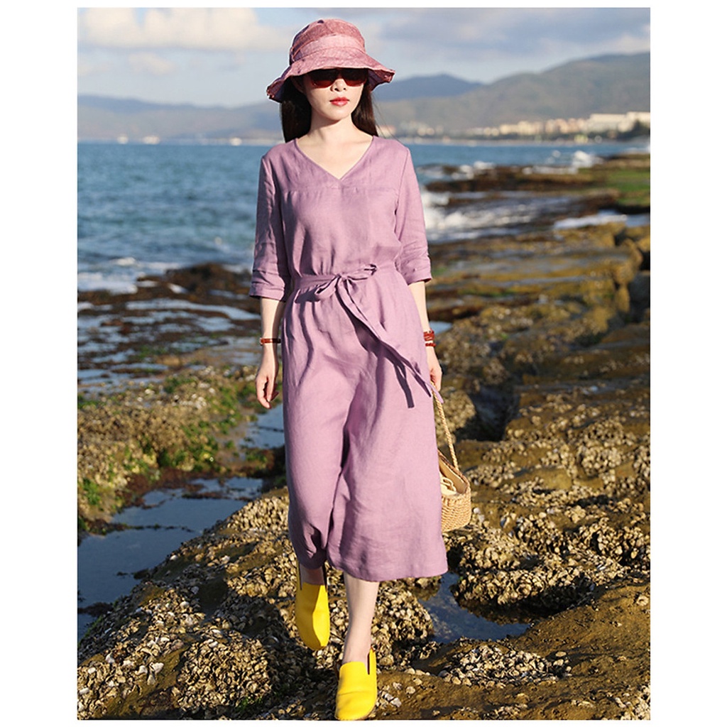 Đầm suông linen cổ tim tay lỡ