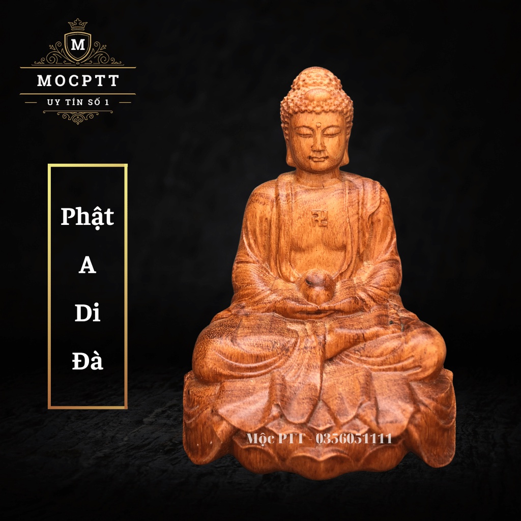 Tượng Phật A Di Đà gỗ Hương Đá kích thước 13 x 6 x 9 cm TP01