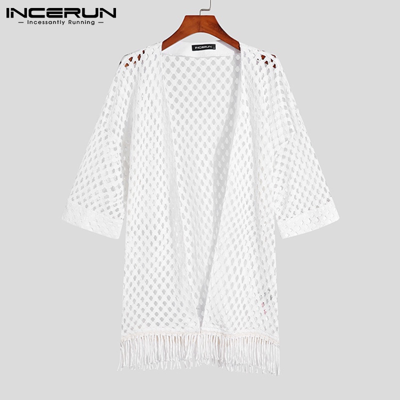 Áo khoác cardigan Incerun tay lửng dáng rộng khoét lỗ phối tua rua cá tính dành cho nam