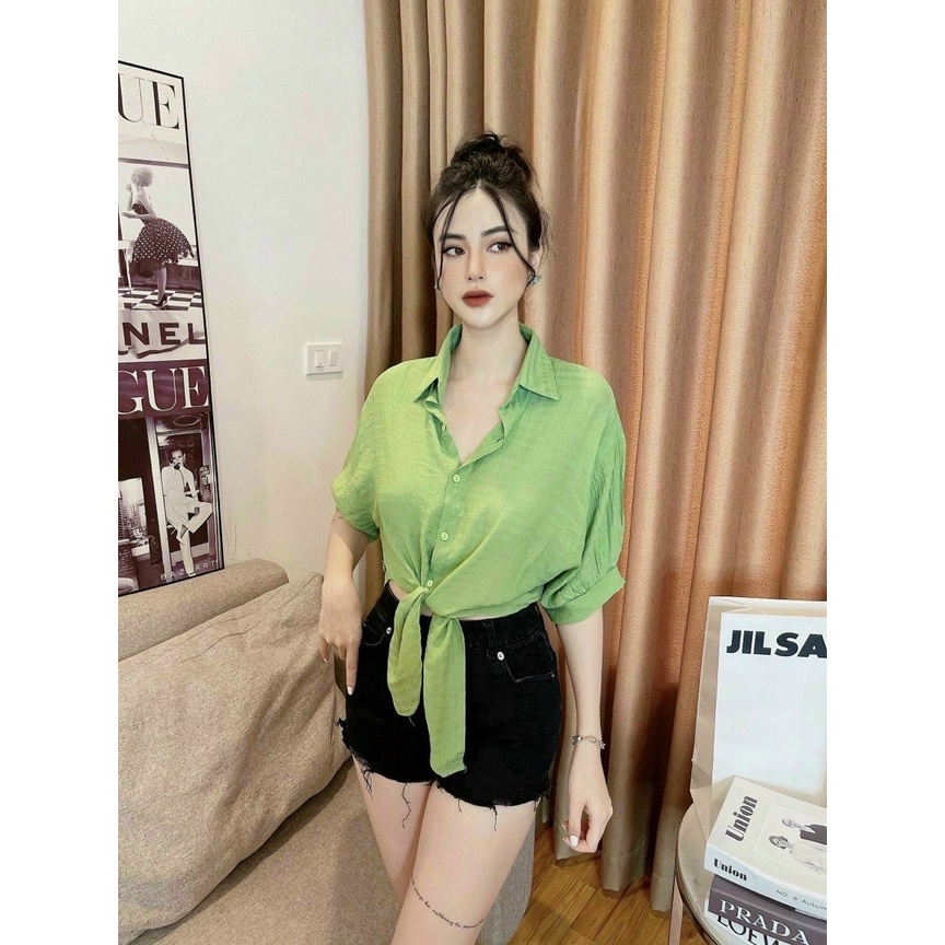 Áo croptop vạt buộc, Áo cánh dơi tay lỡ, Chất Liệu Đũi Thái Mềm Mại Thoáng Mát, Kiểu dáng trẻ trung