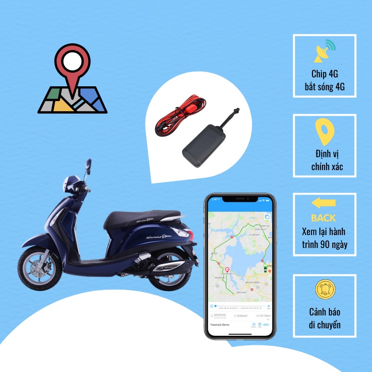 Thiết bị định vị xe máy chip 4G mới cập nhật vị trí nhanh nhạy báo rõ 24h trên điện thoại xem hành trình đã đi 90 ngày