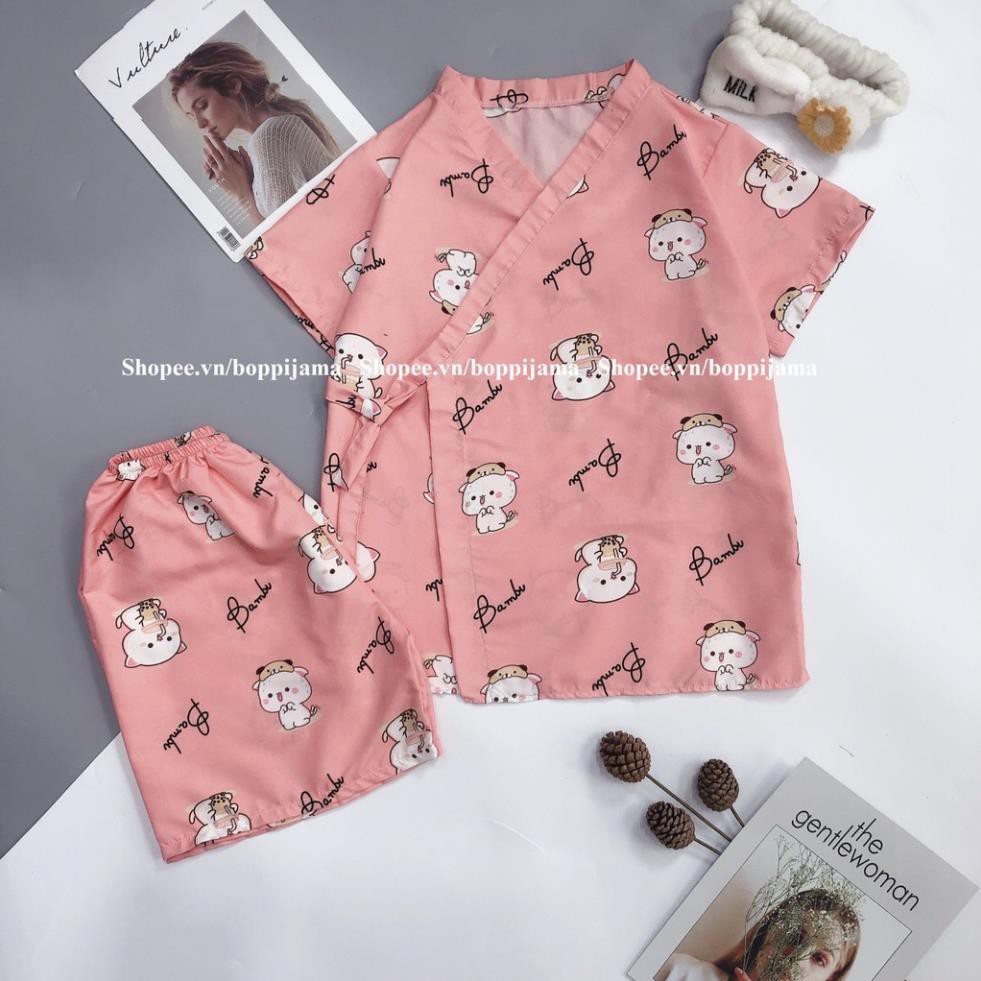 Đồ Bộ mặc nhà nữ Pijama Kimono áo cộc tay, quần đùi. pizama mặc ngủ mùa hè mát, buộc nơ cực xinh – HATIBO 04  ཾ