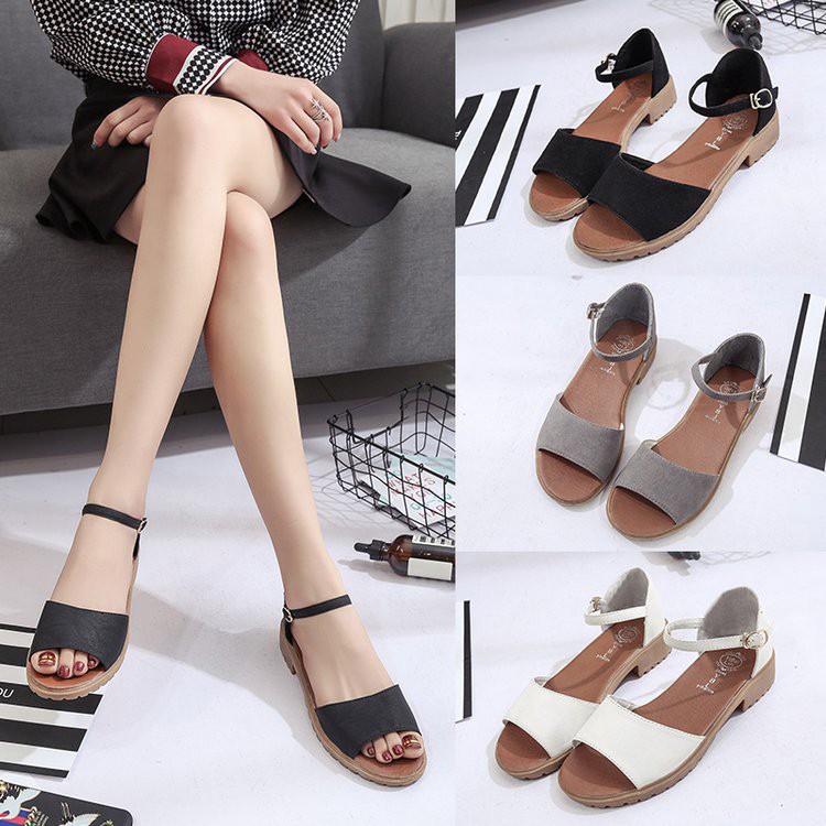 Giày Sandal Đế Thấp Hở Mũi Phối Khóa Thời Trang