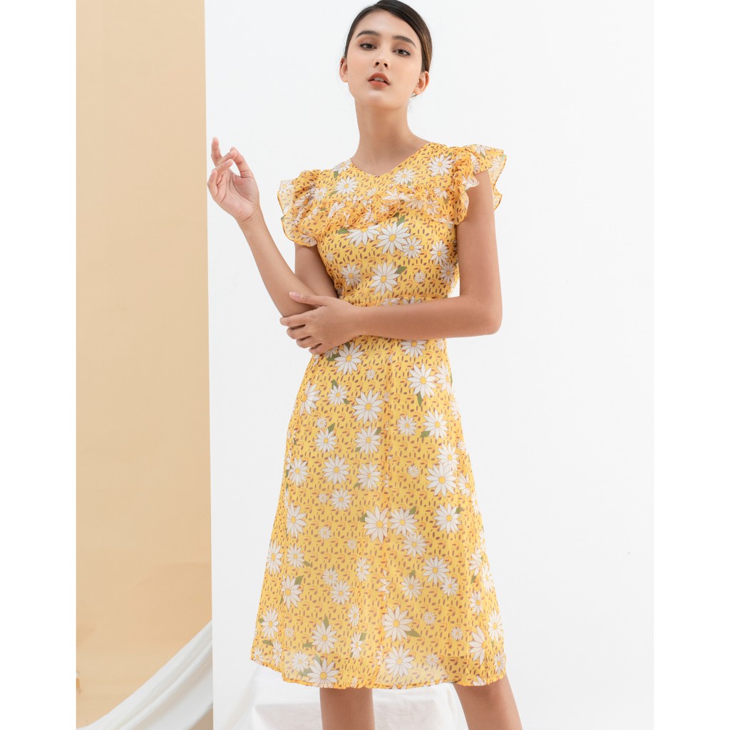 Đầm Voan Bèo Ngực Chất Tơ Họa Tiết Trắng Vàng Nữ DIDO