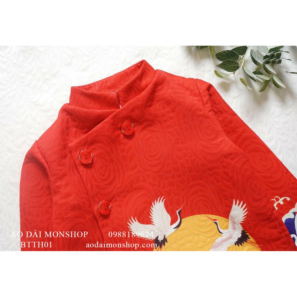 Áo Dài Bé Trai Cao cấp Thiên Hạc Vải Gấm Hoa - Màu Xanh