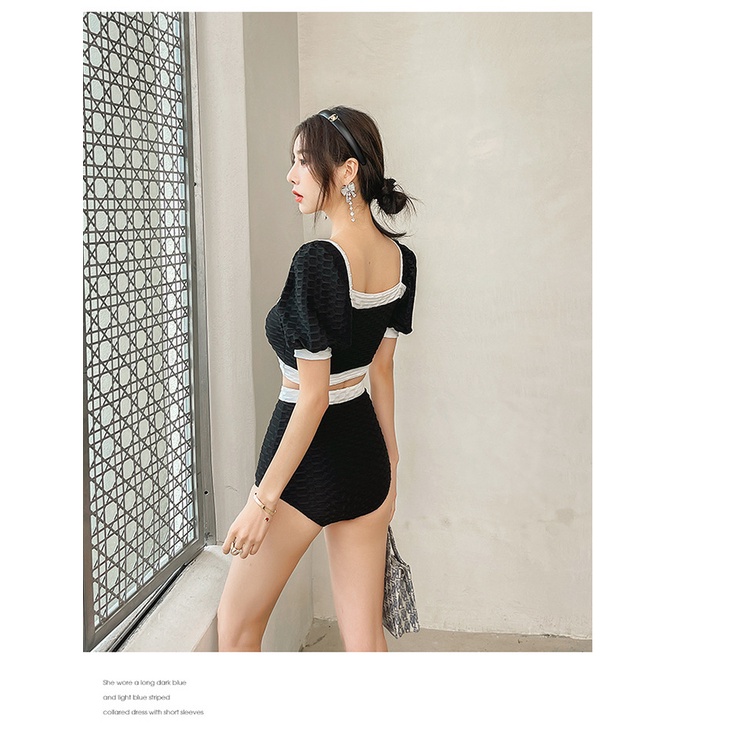 (Mẫu mới 2023) Bikini đồ bơi 2 mảnh Hàn Quốc đen trắng sang trọng nổi bật quần lưng cao tôn dáng