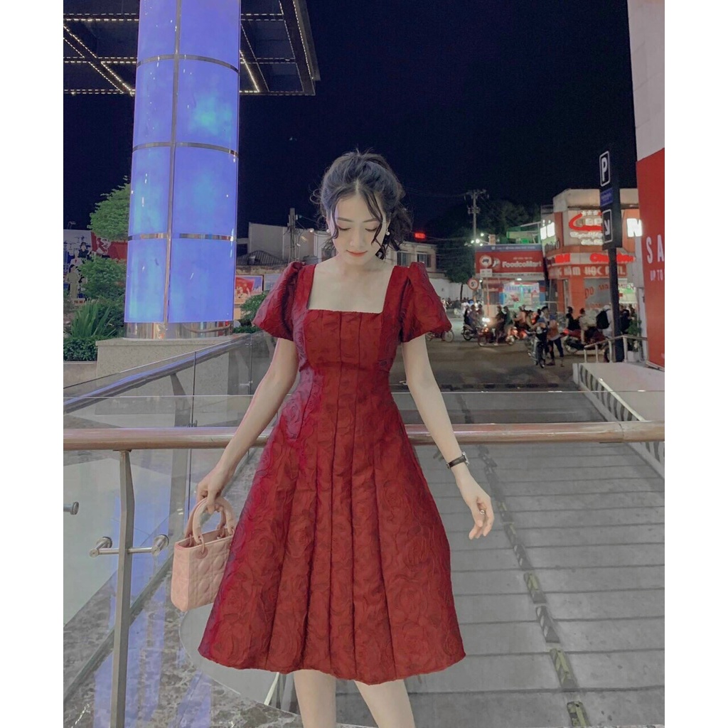Đầm váy nữ chất gấm cổ vuông tay phồng lưng phối nơ ngực xếp ly from dài dáng xòe sang trọng cho quý cô dự tiệc