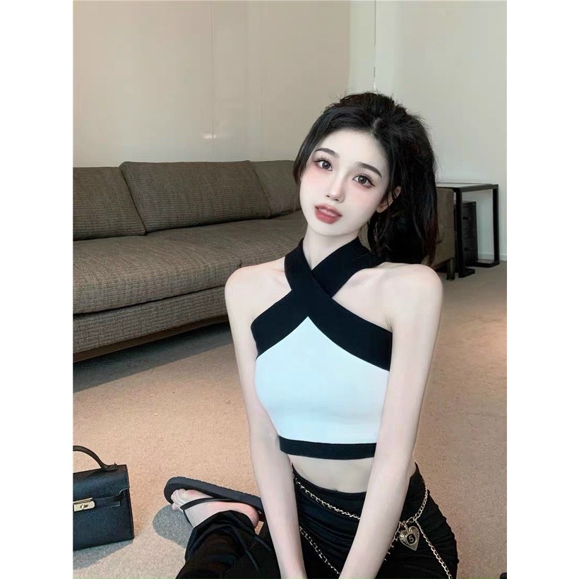 Áo yếm trắng phối màu chéo