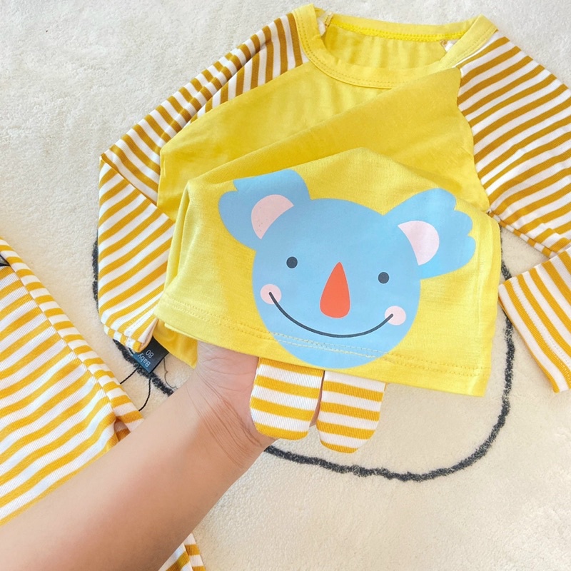 Bộ Quần Áo Dài Tay Minky Mom Thun Lạnh Thoáng Mát Hoạ Tiết Động Vật Sinh Động, Quần kẻ