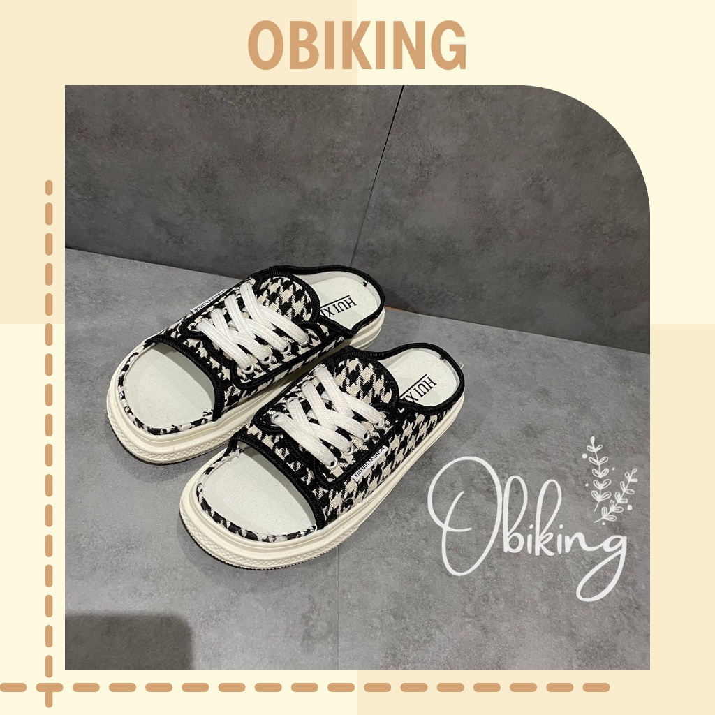 Giày sục thể thao hở mũi kẻ caro-chất canvas đế cao 3cm