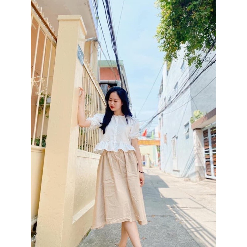 Áo croptop❤️Hình thật❤️Set áo crop trắng+ chân váy xoè