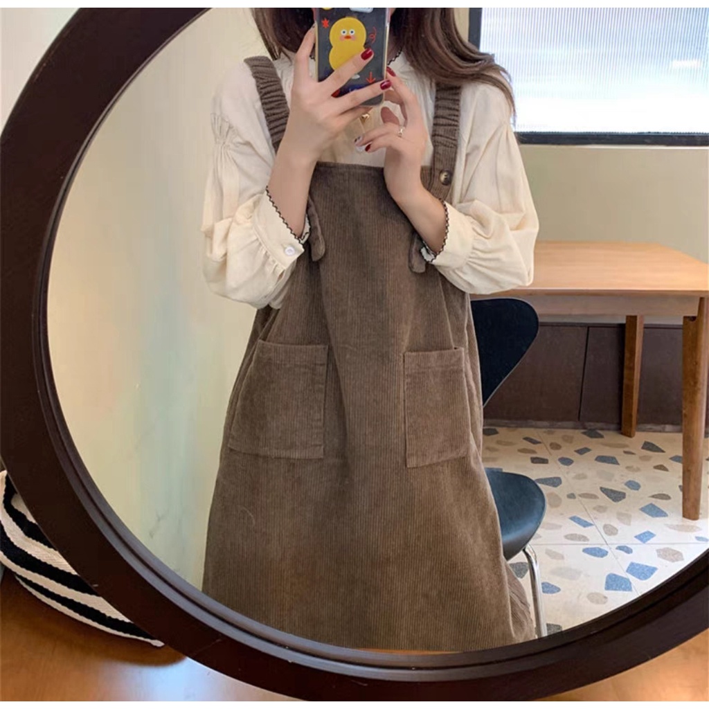 Yếm váy nhung tăm dáng dài dây vai chun phong cách ulzzang Hàn Quốc, đi học, đi chơi, đi làm