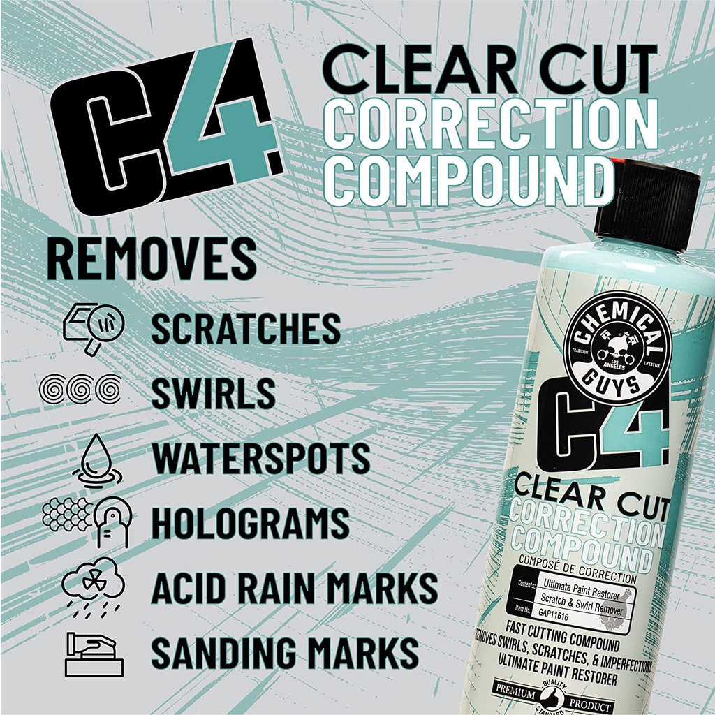 Kem đánh bóng xóa xước nặng Chemical Guys C4 Clear Cut Correction Compound phục hồi bề mặt sơn trở lại như mới - 478ml.
