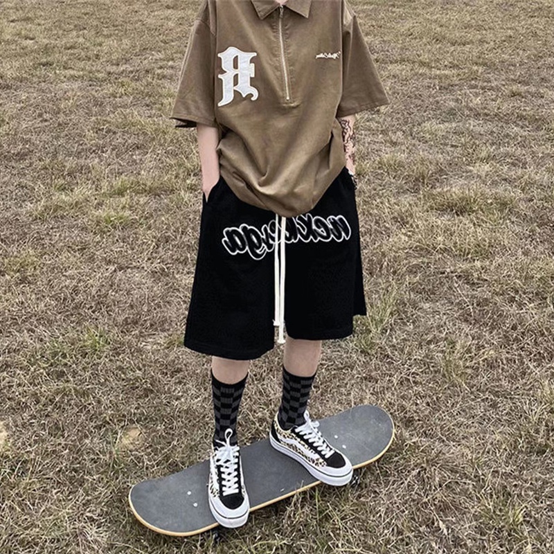 Quần Short Lưng Cao Ống Rộng Dây Rút In Họa Tiết retro Mỹ 3 Màu Sắc Cho Nữ