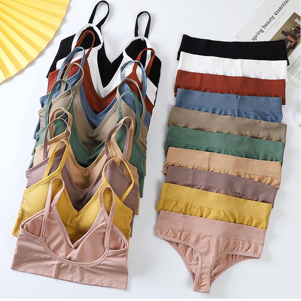 ♪PATH♪ 2Pcs/set Ladies Briefs Sexy Triangle Cup Basic Women Underwear No Rims Bra Set Bralette Lingerie Stretchy Tank Tops Ladies Suit Fashion Brassiere Comfortable Sports Thong Bra/Multicolor
