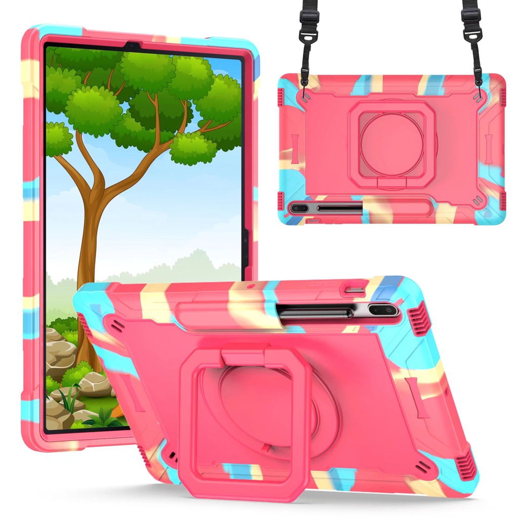 Ốp bảo vệ máy tính bảng có giá đỡ màu sắc tương phản dây đeo xoay 360 độ cho Samsung Galaxy Tab S7 FE 2021 12.4" SM-T730