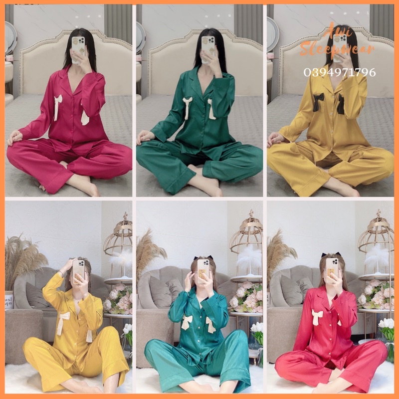 Bộ Pyjama Dài Tay Gấm Xước Đính Nơ Xinh Sam Luxury