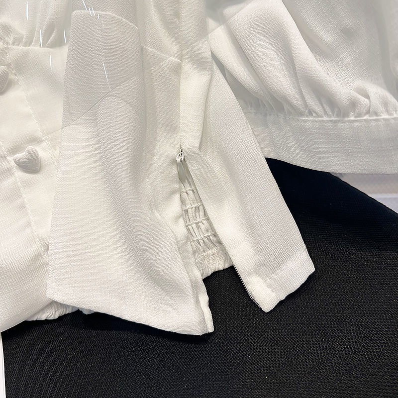 Áo Sơ Mi Tay Ngắn Phồng Cổ Vuông Màu Trắng Thiết Kế Không Đồng Đều Thời Trang Mùa Hè Mới Cho Nữ