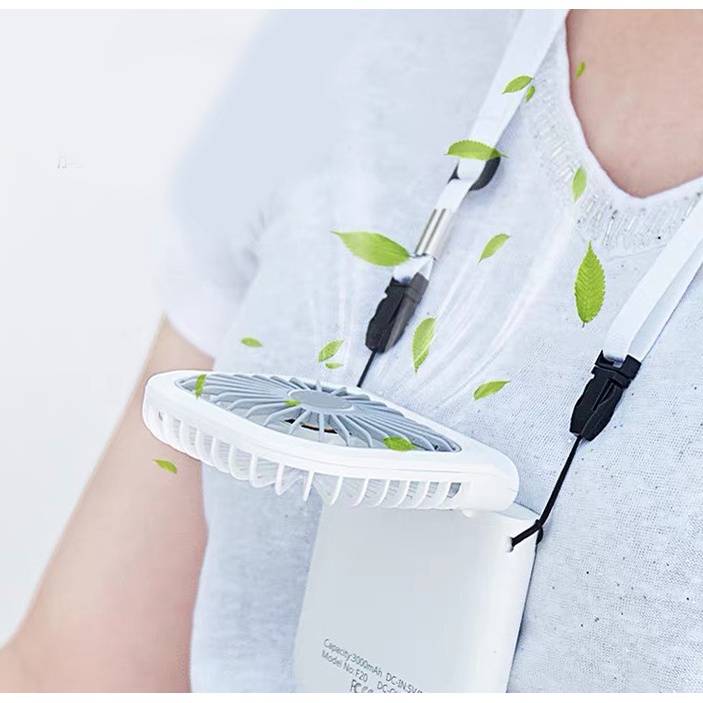 Quạt mini đeo cổ F20, kèm sạc dự phòng, có thể xoay gập 180 độ, thích hợp đi du lịch