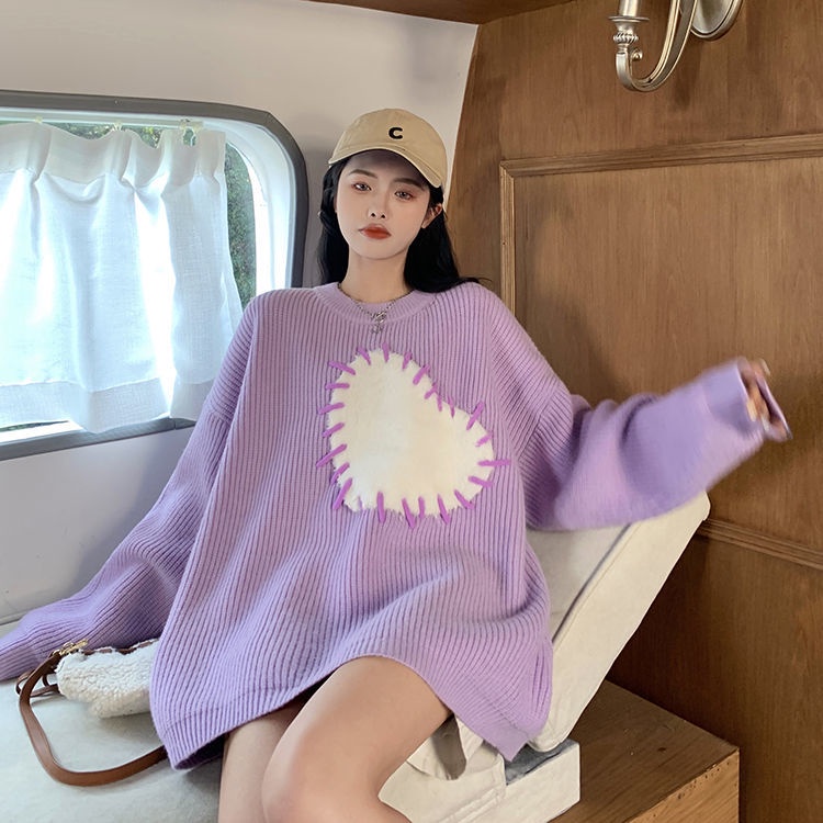 Áo Sweater Dệt Kim Cổ Tròn Dáng Rộng In Hình Trái Tim Xinh Xắn Cho Nữ