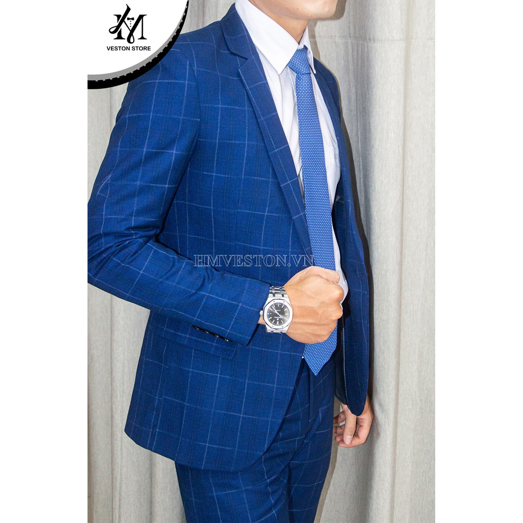Bộ vest nam màu xanh sọc ca rô cao cấp tặng kèm combo phụ kiện