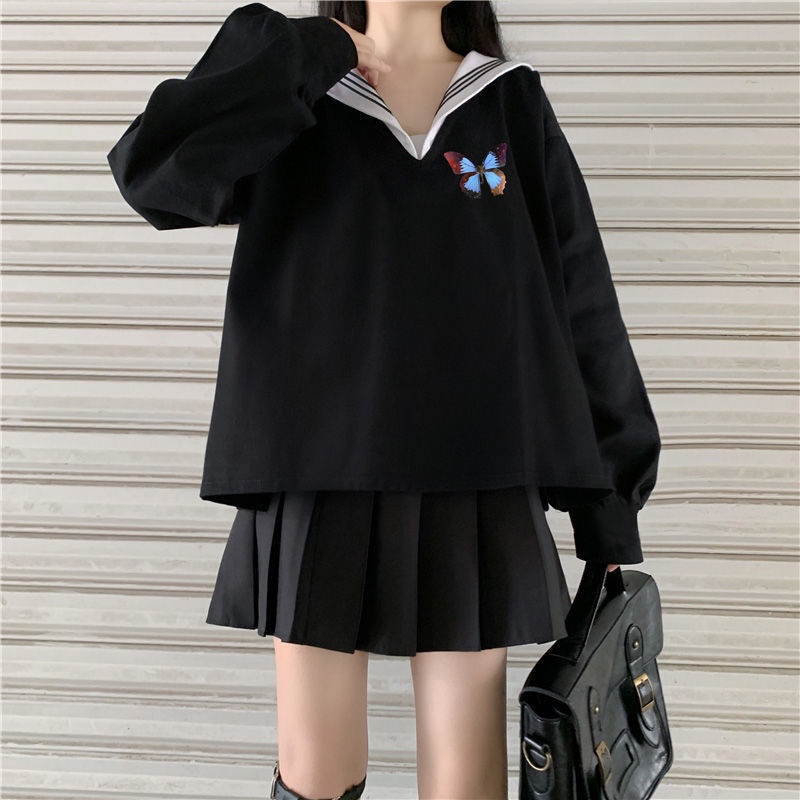 Set áo hoodie tay dài dáng rộng + chân váy đồng phục JK phong cách thời trang