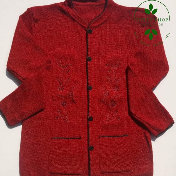 Áo Len Thêu Hoa Mai Cài Cúc Cho Bà Chất Len Mỏng