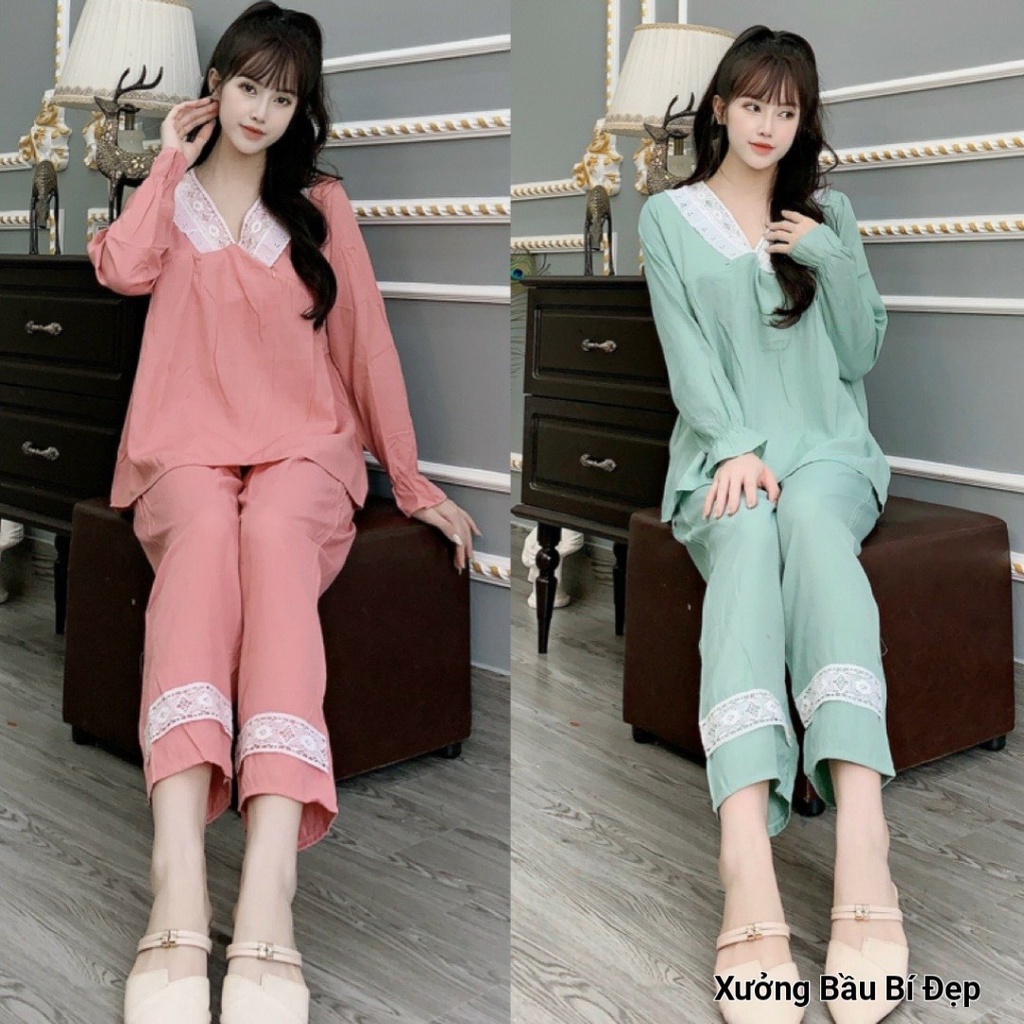 Bộ đồ bầu thiết kế chất đũi hàn châu có khóa ngực cho bé ti BD906