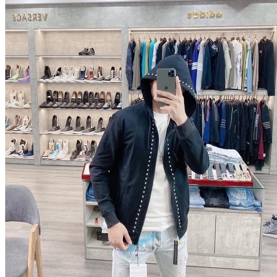 Áo Khoác Hoodie Zip Đính Đá . Áo Khoác Nam Có Mũ Đính Đinh Chất Vải Nỉ Cao Cấp