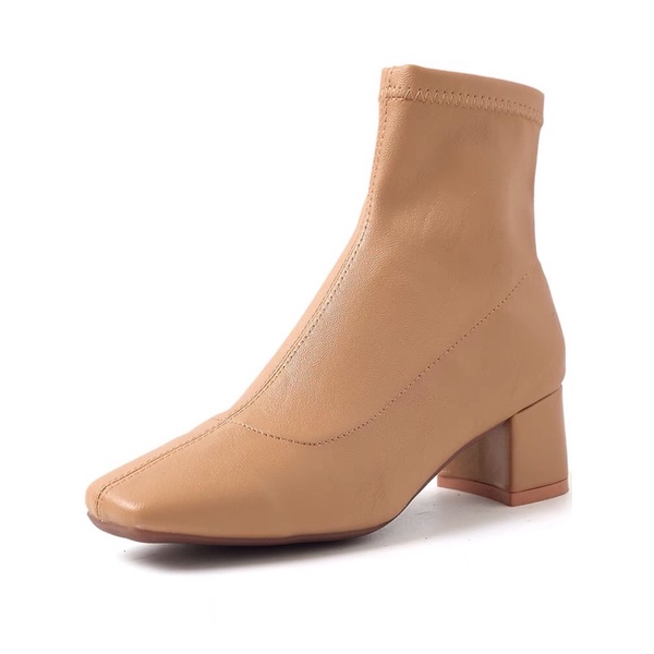 Giày boots da lộn gót vuông cổ lửng ôm chân mũi vuông phong cách Hàn quốc