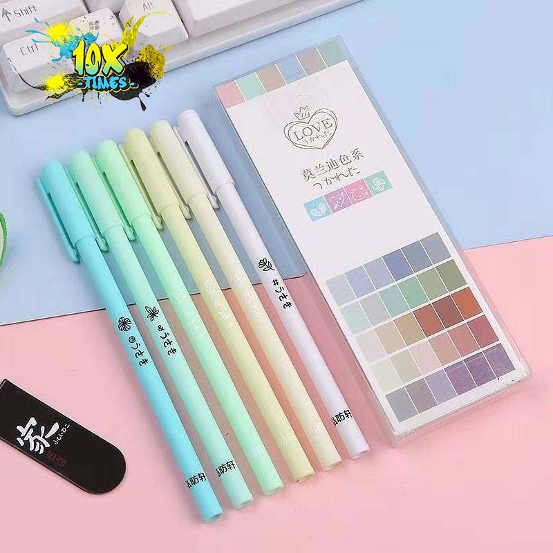 Combo 6 bút gel màu pastel dễ thương (cute) tím, hồng, xanh dương, xanh lá dễ thương mực đen quà tặng sinh nhật bạn gái