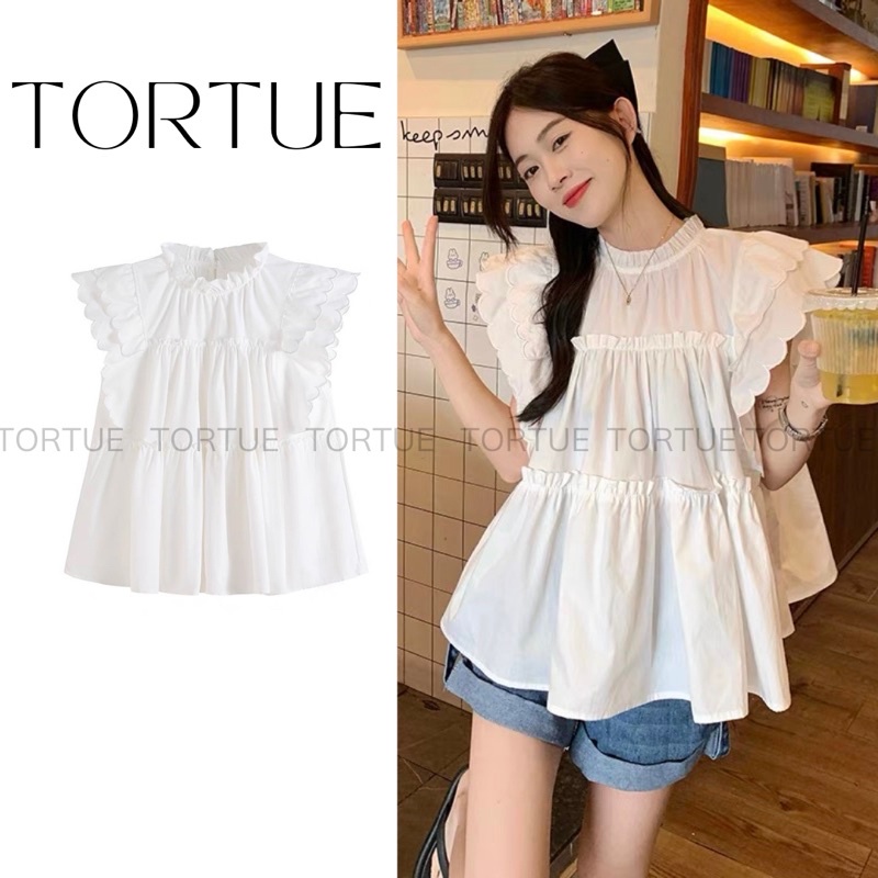 Áo trắng cánh tiên tiểu thư bầu phong cách Hàn Quốc Retro Vintage Taobao mới 2022 V022