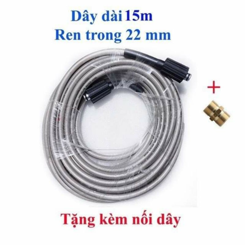 Dây rửa xe 15m áp lực cao 2 đầu ren 22mm tặng kèm khớp nối dây bằng đồng- Dây xịt rửa xe