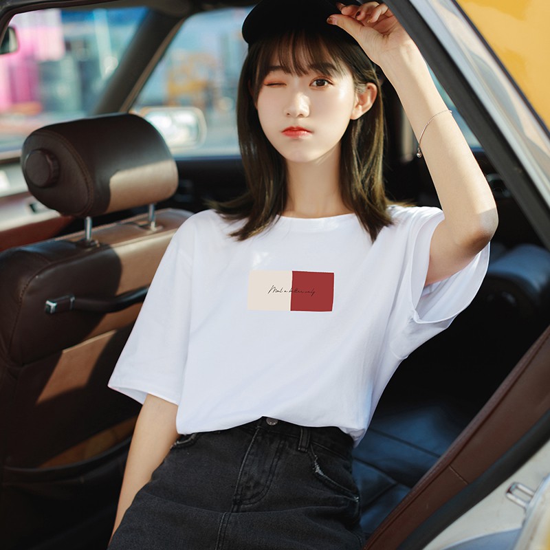 Super fire ins white round neck square printing short-sleeved T-shirt women summer new style pure cotton lazy half-sleeved women's clothing