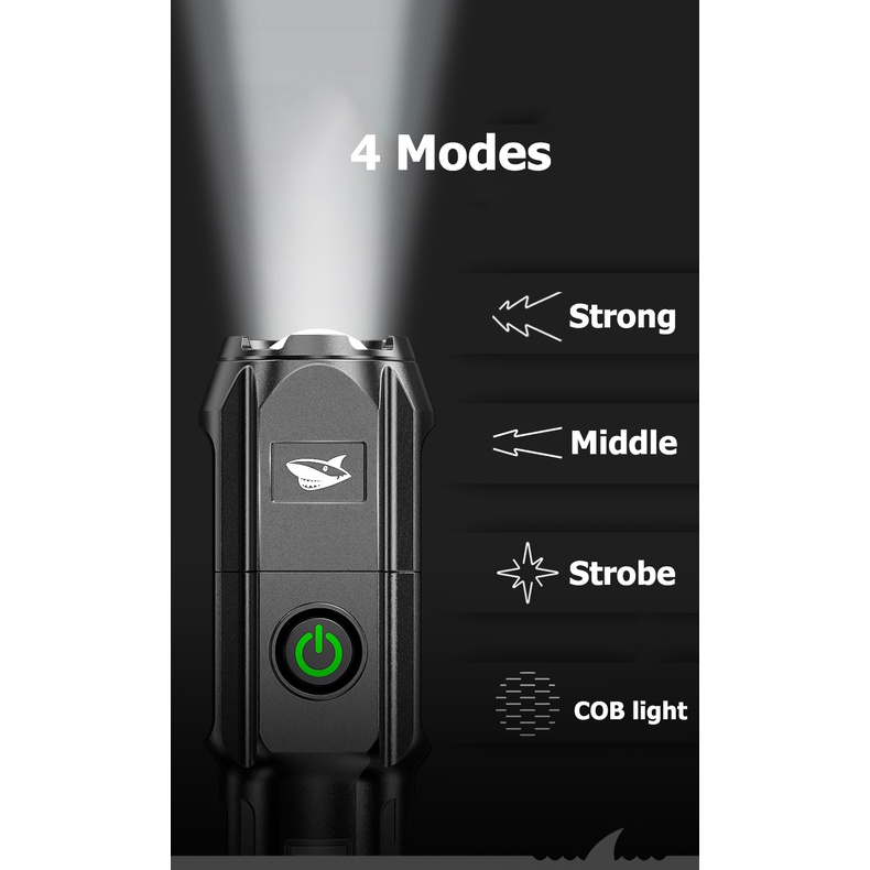 Đèn pin SMILING SHARK SD1005 Type-C có thể sạc lại thu phóng ánh sáng không thấm nước sử dụng cắm trại di động COB
