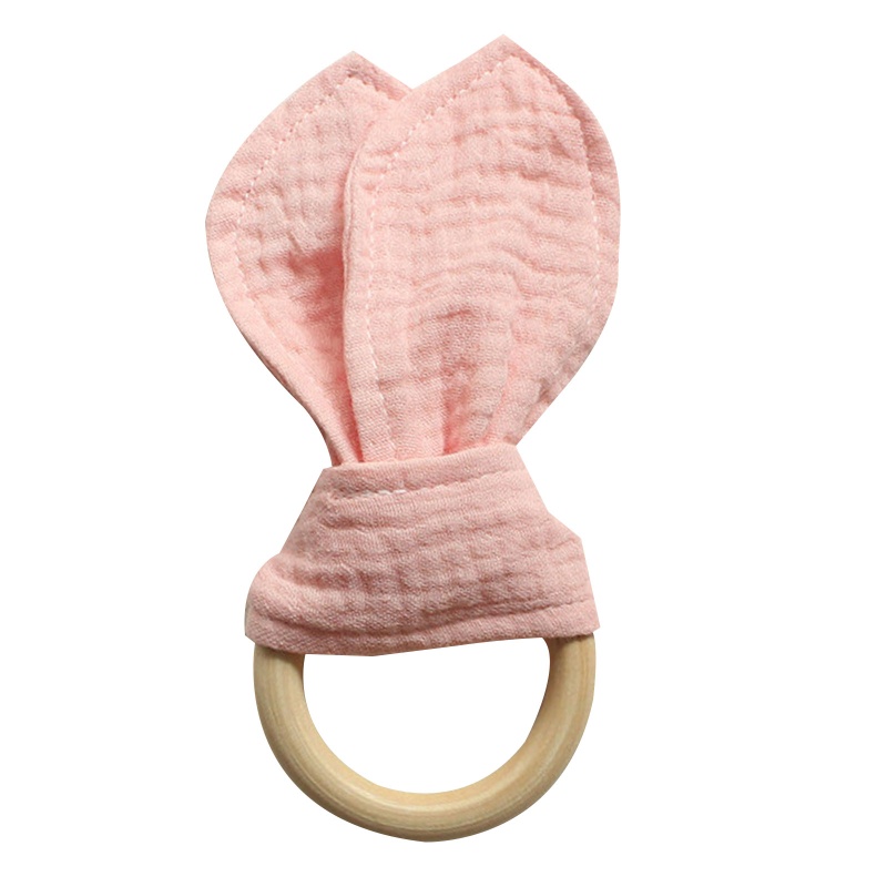 Đồ Chơi Gặm Nướu Bằng Cotton Mềm Mại Hình Tai Thỏ Với Tay Cầm Bằng Gỗ Dễ Thương Cho Bé