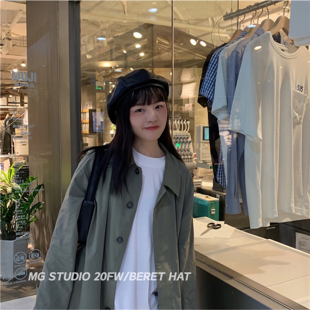 Nón Beret Da pu Màu Trơn Phong Cách Anh Quốc Cổ Điển Thời Trang Thu Đông