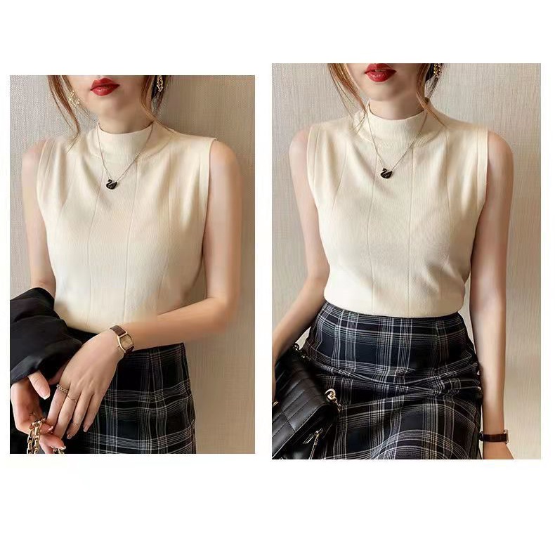 Áo Dệt Kim Sát Nách Cổ Cao Thời Trang Hàn Quốc Cho Nữ