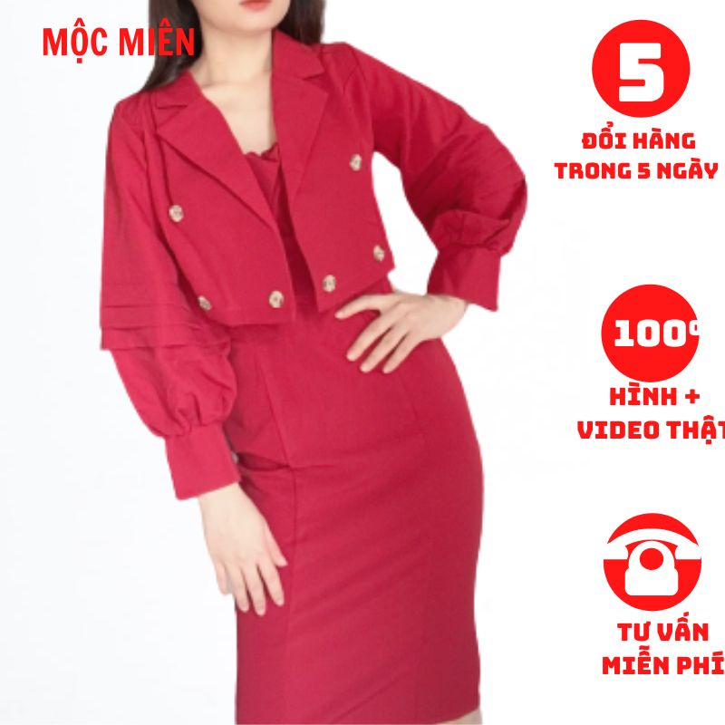 Set đầm body 2 dây nhún ngực kèm áo khoác vest đính nút 13085