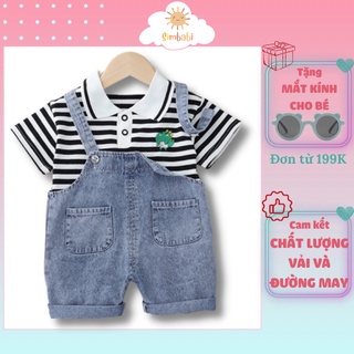 Set yếm bé trai, yếm jean bé trai áo kẻ sọc khủng long đáng yêu cho bé 10-18kg
