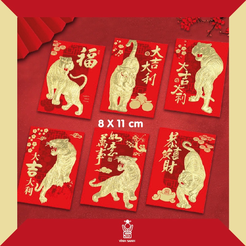 COMBO SET 6 BAO LÌ XÌ TẾT Nhâm Dần 2022, họa tiết và chữ in nổi 8 x 11 cm #1