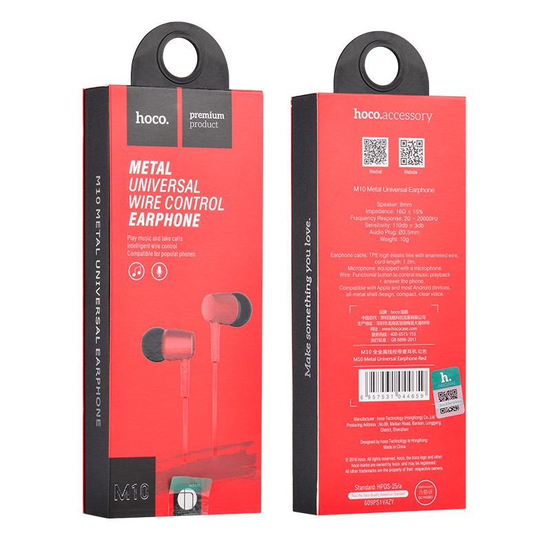 Tai Nghe giắc 3.5 Hoco M10 Metal General earphone with mic cho iphone/samsung/oppo/Huawei/xiaomi