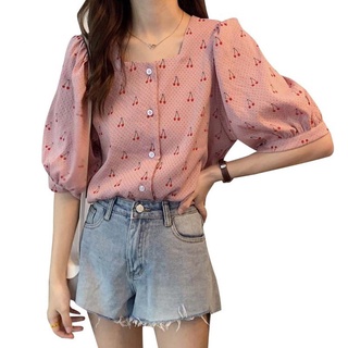 Áo Sơ Mi Tay Phồng Cổ Vuông In Họa Tiết cherry Phong Cách Hàn Quốc Thời Trang Mùa Hè Xinh Xắn Cho Nữ gns200604