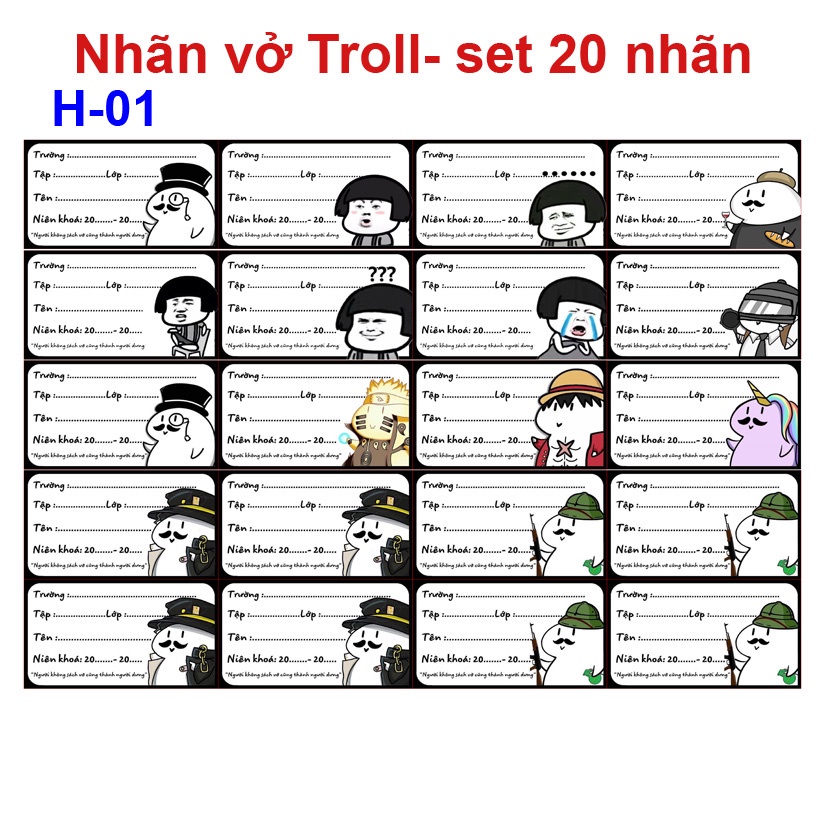 Nhãn vở Troll (1 set 20 nhãn vở )- đẹp đáng yêu 2 mẫu khác nhau