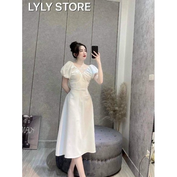 Đầm midi trắng nhún ngực