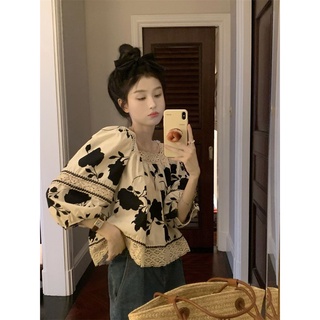 Áo sơ mi phối ren tay ngắn dáng rộng phong cách retro cao cấp cho nữ